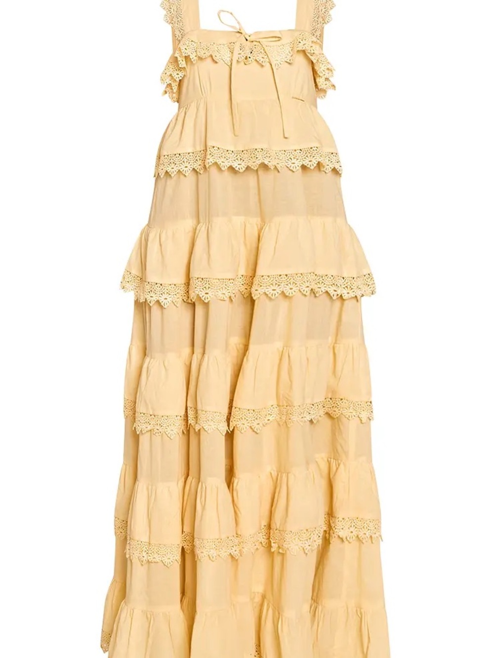 PrettyLittleThing Yellow Lace Tiered Maxi Dress
